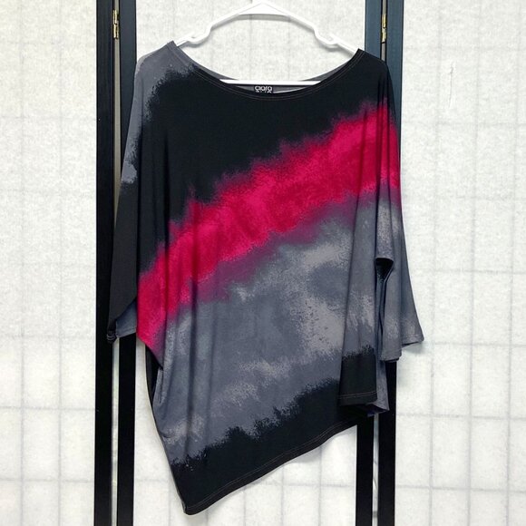 Clara Sun Woo Tops - Clara Sun Woo Ombre ¾ Dolman Sleeve Boat Neck Asymmetrical Top Pink Grey Black M